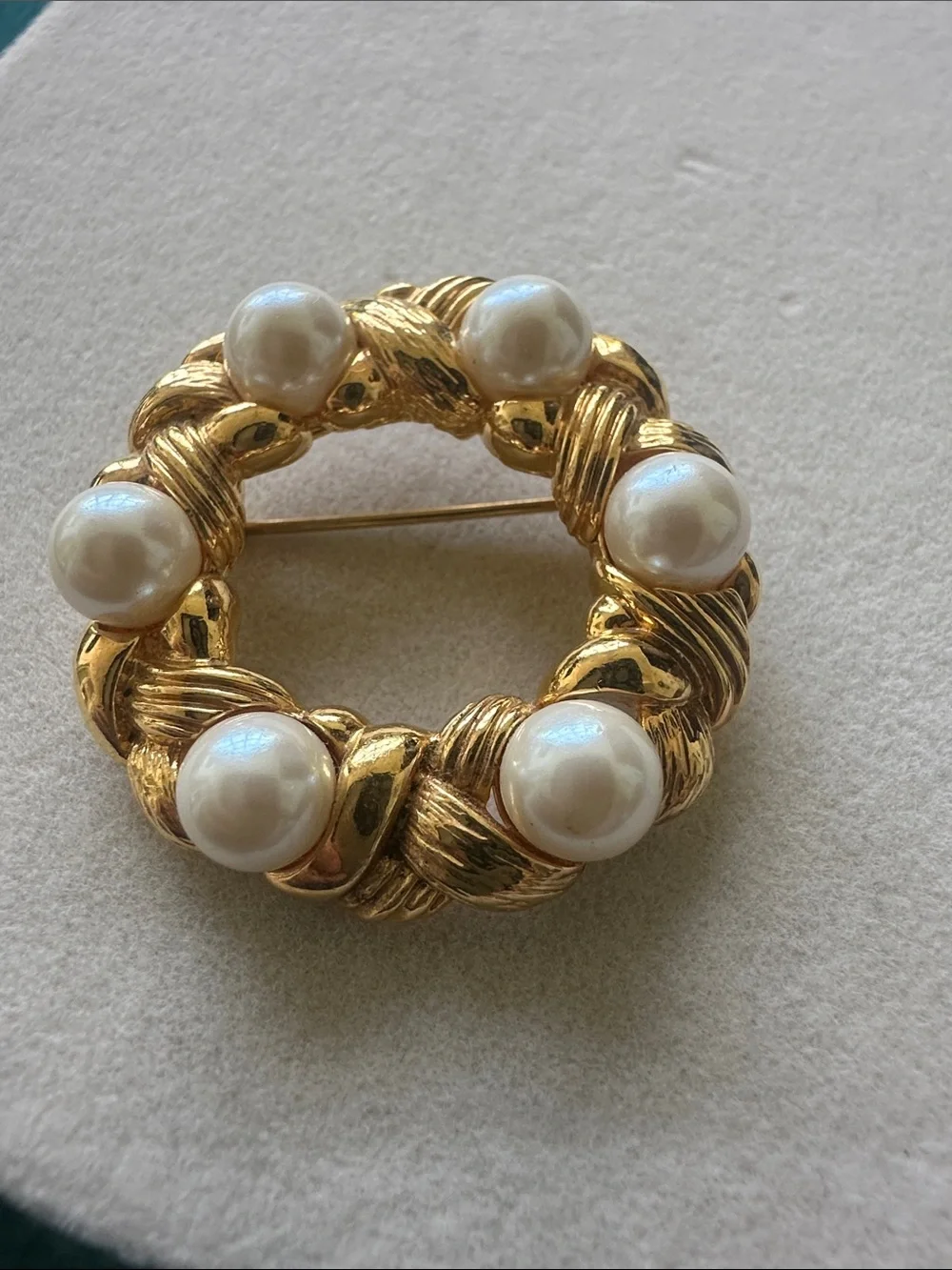Napier Gold-Tone Wreath Brooch with Pearl Accents